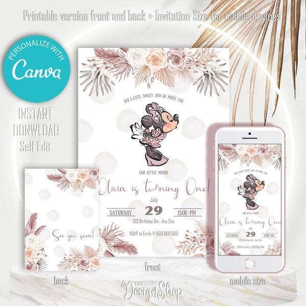 Boho Minnie Mouse Birthday Invitation Editable | Bohemian Minnie Birthday | Floral Leaves Minnie Blush Pink Gold Invite | Instant Download
