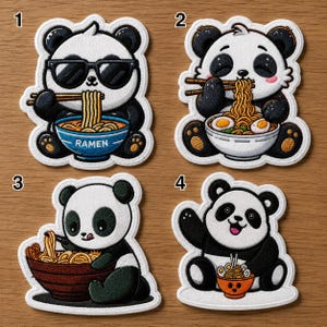 May include: Four embroidered patches featuring panda bears enjoying ramen. Each patch shows a different panda design, with the pandas holding bowls of ramen and using chopsticks. One panda wears sunglasses, and another waves.