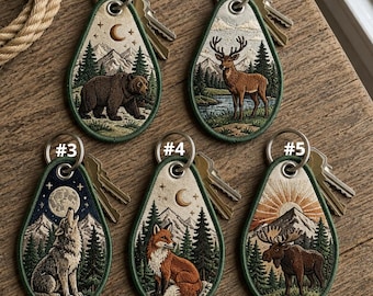 Custom Wildlife Embroidered Keychain Mountain Forest Animal Key Ring Nature Lover Hiking Adventure Accessory