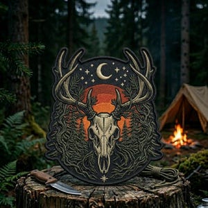 May include: Embroidered patch depicting a deer skull with antlers, set against a forest scene with a crescent moon and stars. The patch is black with detailed stitching in brown, tan, and orange. A knife and rope are visible.