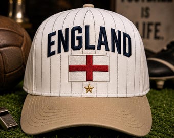 Custom England Embroidered Pinstripe 5 Panel Baseball Hat, Retro Soccer Fan Cap, Country Pride Sports Hat, Football Style Cap