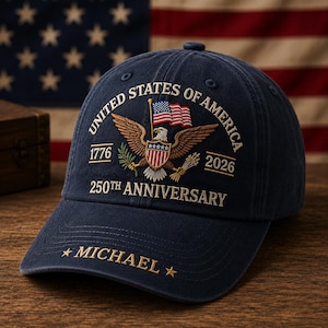 May include: A navy blue baseball cap featuring an embroidered bald eagle holding a shield and an American flag. The text reads UNITED STATES OF AMERICA, 1776, 2026, 250TH ANNIVERSARY, and MICHAEL on the brim, accented by two small gold stars.