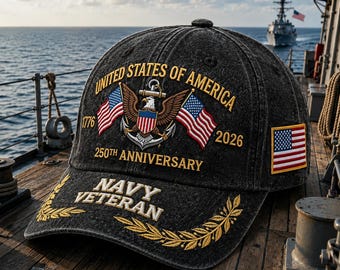 Custom America 250 Embroidered Washed Hat, Navy Veteran Cap, 1776 2026 Patriotic Eagle Hat, Military Retirement Gift