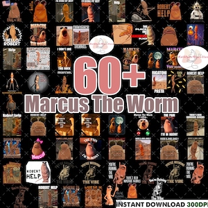 Paquete de más de 60 imágenes PNG de Marcus el Gusano, divertidos memes, humor absurdo, stickers con la frase "Robert Help", descarga digital viral a 300 ppp.