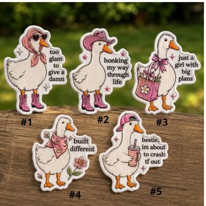 May include: Embroidered patches featuring cartoon geese in various outfits and poses. Each patch has a unique design, including text like "too glam to give a damn" and "just a girl with big plans". The patches are white with colorful accents.