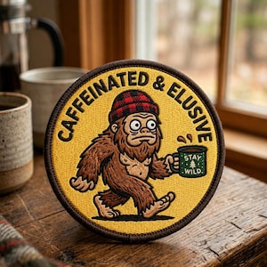 May include: A round, yellow patch with the words "CAFFEINATED & ELUSIVE" encircling a cartoon Bigfoot character. The Bigfoot is brown and wearing a red plaid hat, holding a green mug that says "STAY WILD."