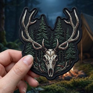 May include: Embroidered patch featuring a deer skull with large antlers set against a forest scene. The patch has a black border and detailed stitching in shades of brown, green, and white. The design evokes a nature or outdoor theme.