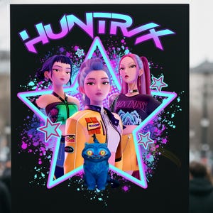 May include: A poster with the word "HUNTX" above a neon star containing three stylized female figures. A blue cat is in the foreground. The background is black with splashes of purple and blue.