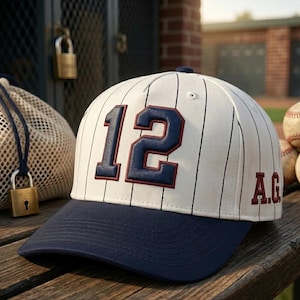 May include: Baseball cap with a navy blue peak and a cream-coloured crown with vertical black stripes. The number "12" is in navy blue with a red outline. The initials "A.G." are on the side.
