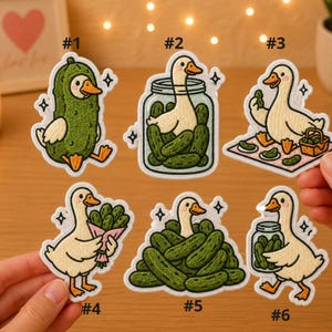 May include: A collection of six embroidered patches with quirky designs. The patches depict a pickle character, a duck in a jar of pickles, a duck with pickles, a duck with a bouquet, a duck in a pile of pickles, and a duck with a jar of pickles. Each patch has a white border.