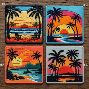 May include: Four embroidered patches featuring tropical sunset scenes. Each patch showcases palm trees, a vibrant sunset, and ocean waves. The color palettes include blues, oranges, and yellows, creating a warm, inviting aesthetic. The patches are square-shaped.
