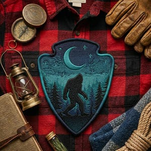 May include: A Bigfoot patch with a crescent moon and starry night design, set against a forest backdrop. The patch is on a red and black plaid shirt, surrounded by a compass, lantern, gloves, and rope.