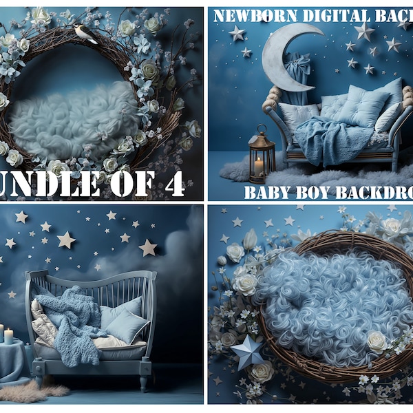 Newborn Digital Photography Backdrop, Baby Bed, Wreath & Basket, Bundle of 4, Blue Colour, for a Baby Boy
