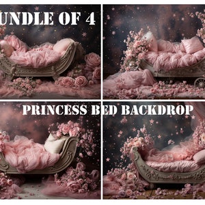 Lit de princesse floral avec toile de fond pour photographie numérique nouveau-né, lot de 4, couleur rose, pour bébé fille