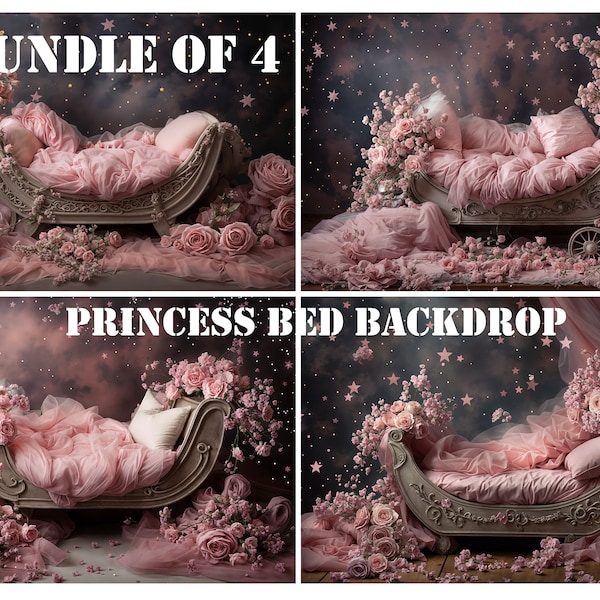 Newborn Digital Photography Backdrop Floral Princess Bed, Bundle of 4, Pink Colour, for a Baby Girl