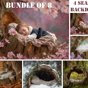 4 Seasons Newborn Wood Log/ Tree Stump Digital Backdrop