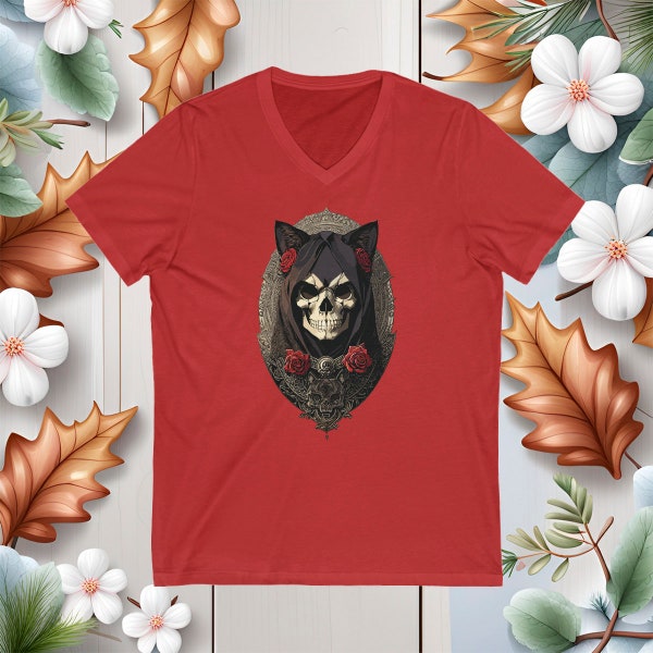 Tee shirt Femme col en V à manches courtes. Design médaillon crâne de chat avec roses, "ankou cat"