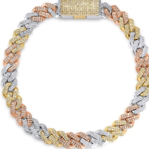 Tri-Tone Gold Diamond Cuban Link Bracelet, Silver Miami Cuban Link Bracelet for Men, Pave Diamond Cuban Bracelet, Anniversary Gift Bracelet