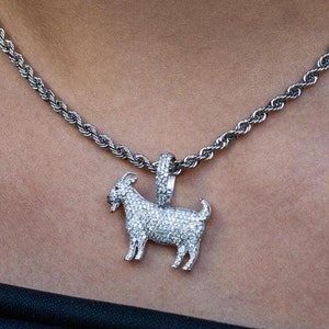 14k Real Gold Goat Necklace, Solid Gold Goat Charm, Solid Cuban Curb Chain Necklace, Moissanite Diamond Cut Goat Charm Pendant For Him & Her