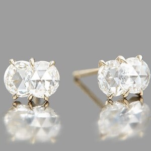 Rose Cut Round Diamond Studs, 14K Gold Six Prong Moissanite Diamond Studs, Minimalist Solitaire Stud Earring, Unique Stud Earrings For Women