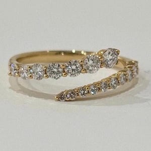 14k Yellow Gold Diamond Wrap Ring, Adjustable Spiral Ring, Open Moissanite Diamond Stackable Ring, Bypass Trendy Jewelry For Women
