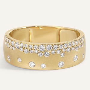Flush Set Round Cut Moissanite Diamond Band Wide 14K Yellow Gold Wedding Band Cigar Band Ring For Women&#39;s Promise Band Engagement Band