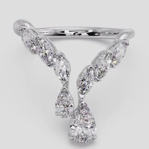 White Gold Open Ring, Vintage Unique Marquise Cut Moissanite Diamond Curved Wedding Band, Solid Gold Matching Bridal Promise Gift For Women