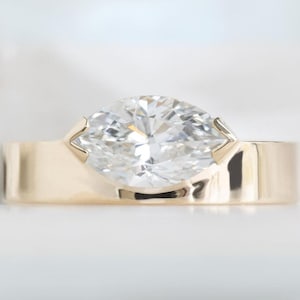 Diamond Marquise Ring, Thick Engagement Ring, Marquise Solitaire Band, 14K Gold Wide Band, Chunky Lab Diamond Jewelry, Wedding Bridal Ring