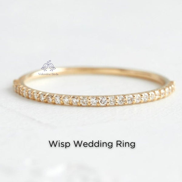 14K Solid Gold Wisp Wedding Band, Round Cut Half Eternity Pave Band, Round Prong Set, Handmade Band For Women, Promise Ring