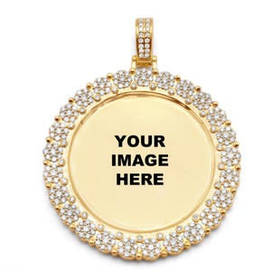 Round Medallion Picture Frame Memory Moissanite Charm Pendant Real 10K Yellow Gold Diamond Cluster Picture Pendant Gift for Her & Him