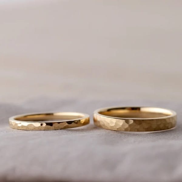 14k Solid Gold Hammered Band | Unisex Hammered Yellow Gold Wedding Ring | Anniversary Gift For Couples | Dainty Hammered Gold Women's Band