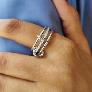 14K Solid Gold Connected Ring Set, Diamond Interlocking Ring, Micro Pave Eternity Band,  Multi Link Connected Ring, Comfortable Ring For Her