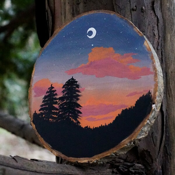 sunset over forest scenery – gouache painting on wood
