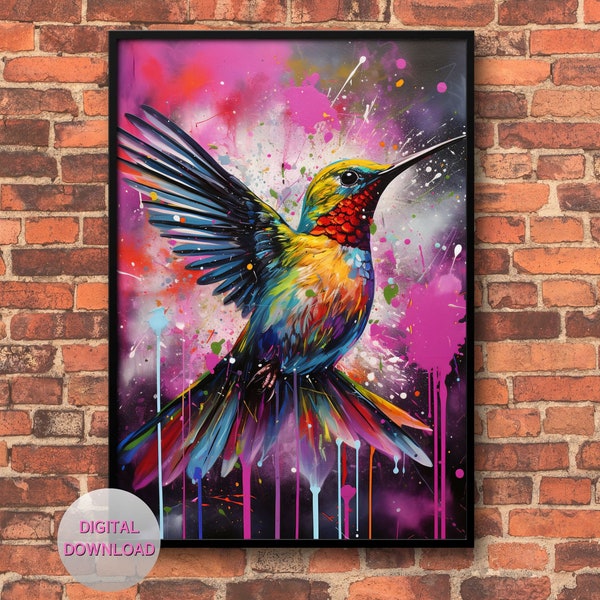 Hummingbird Graffiti Wall Art Digital Download Colorful Wall Décor Pink Bird AI Artwork Poster