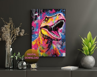 Dinosaurier-Graffiti-Wandkunst | Digitaldruck | Bunte Wanddekoration | Dinosaurier-Kunstwerk-Poster