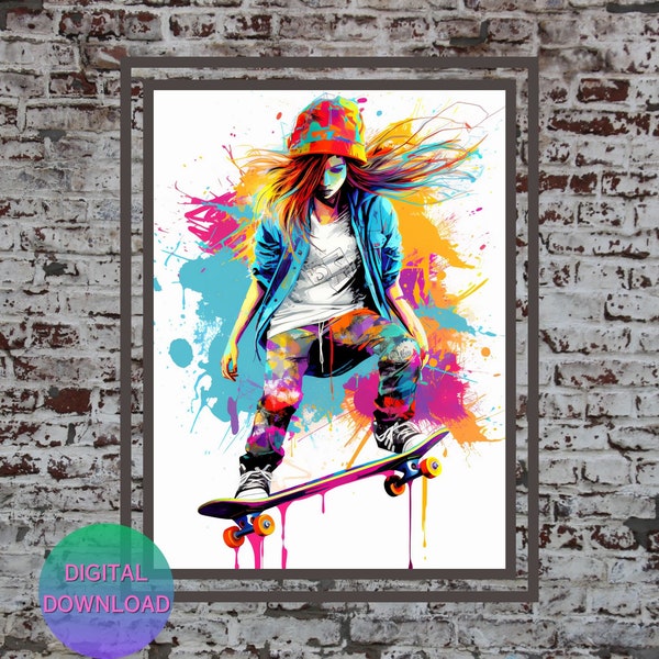 Skateboard Girl Wall Art | Graffiti print | Skateboarding | Skateboarder Gift Teen Bedroom Wall Poster | DIGITAL printable | Dorm Room Décor
