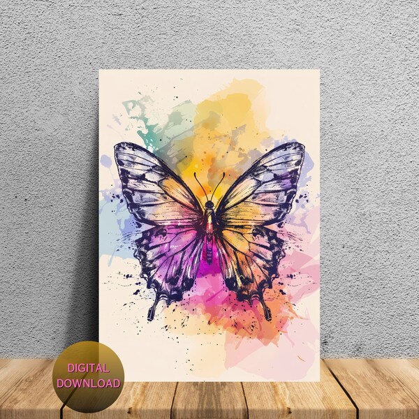 Butterfly Printable Wall Art, Pastel Colorful Wall Décor, Watercolor Artwork Poster, AI Digital Download, JPG 300dpi