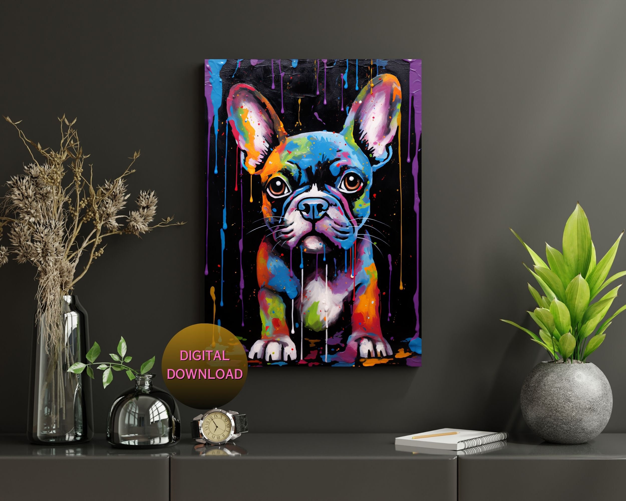 Hunde-Graffiti-Wandkunst zum Ausdrucken #3 Digitaler Download Buntes Wanddekor Hunde-KI-Kunstwerk-Poster