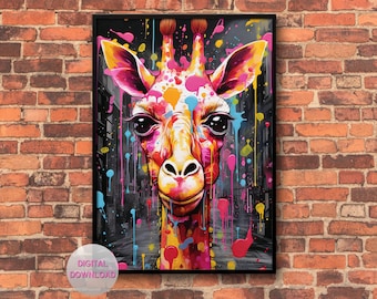 Giraffe Graffiti Wall Art Digital Download Bunte Wand-Dekor Happy Giraffe AI Artwork Design