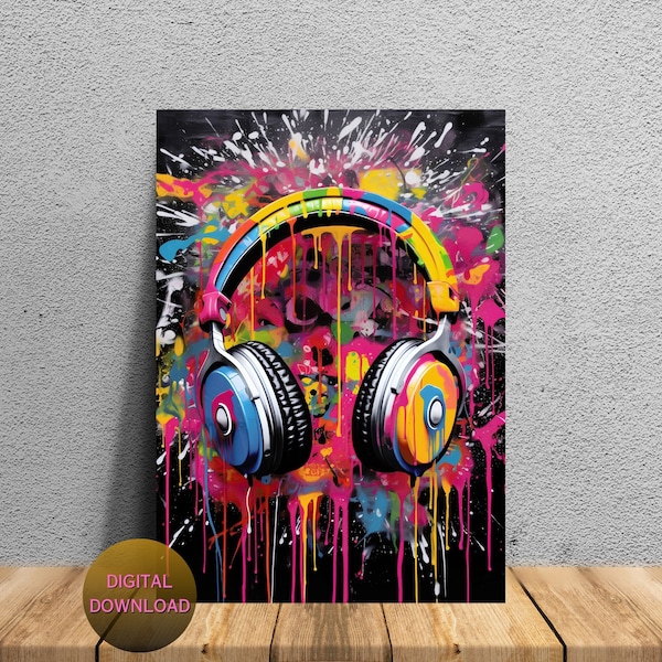 Headphones Graffiti Printable Wall Art, Colorful Wall Décor, Music Artwork Poster, AI Digital Download, JPG 300dpi