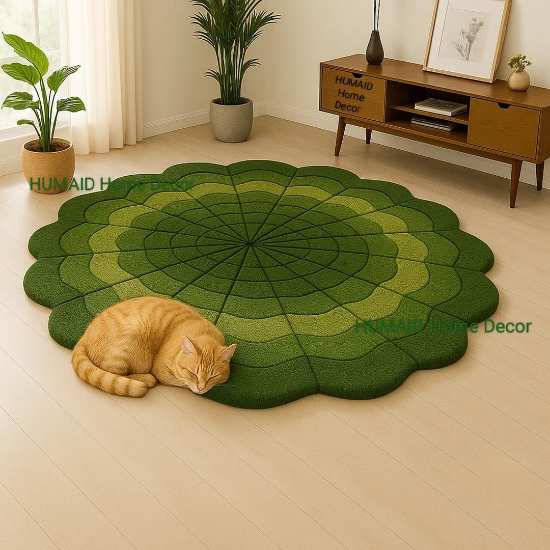Hand Tufted Green Leaf Round Rug | Nature Inspired Botanical Carpet ...