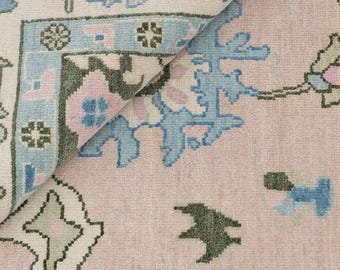 Hand-Knotted Wool Oushak Rug: Pink, Cream, Turkish Inspired