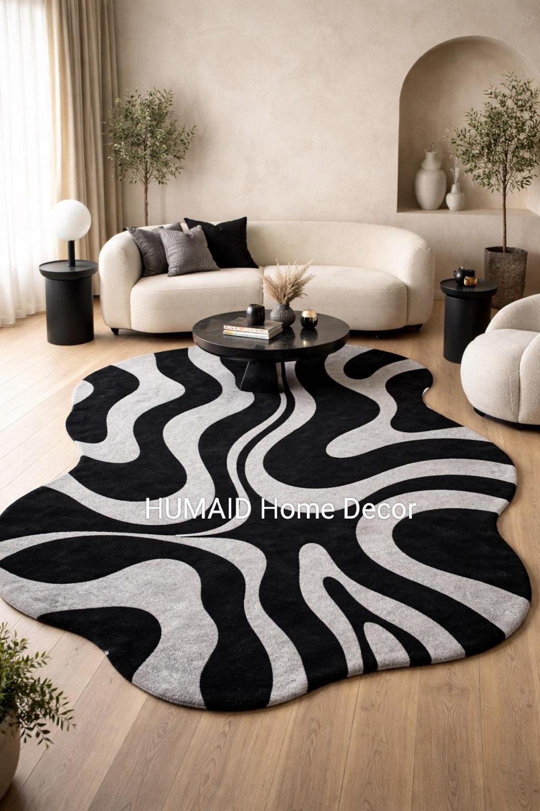 Hand Tufted Wool Rug Abstract Black Grey Area Rug | Modern Wavy Pattern ...