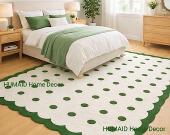 Modern Hand Tufted Polka Dot Rug, White & Green Scalloped Carpet, Kids Room, Bedroom living Room Decor, Stylish Area Rug 10x14, 12x15