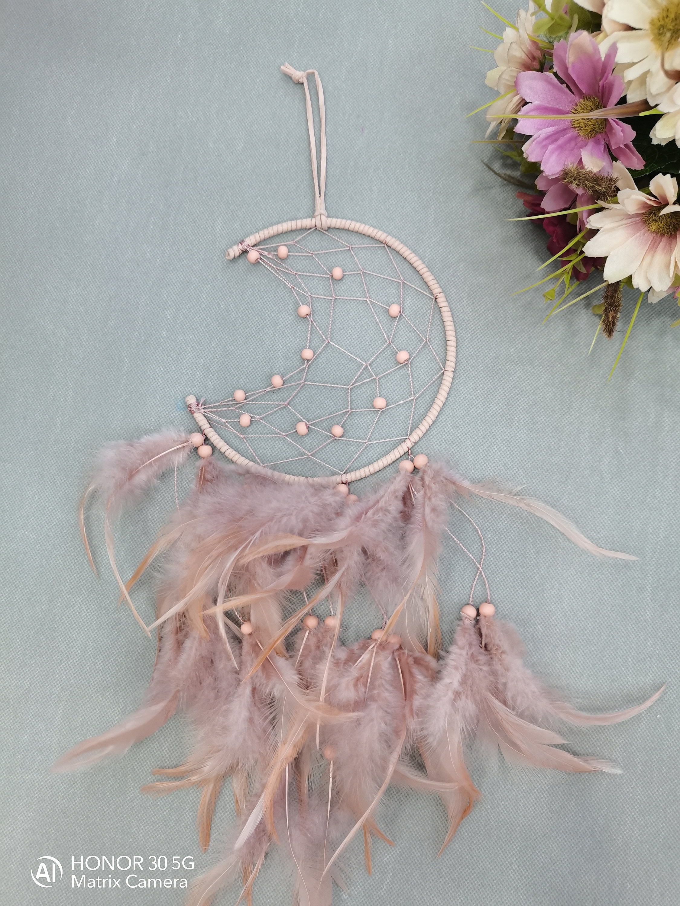 Mocha Pink Crescent Dream Catcher Handmade Home Gifts Bedroom Girls Boys Moon 40cm