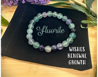 Healing Crystal Fluorite Bracelet Hand Crafted Natural 8mm Beaded Wishes Growth