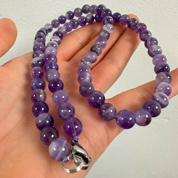 Amethyst Crystal Stone Bead Necklace 8mm Beaded Healing Stone Unisex Men & Women