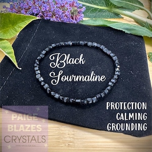 Crystal Healing Stones Black Tourmaline Hand Crafter 4mm Cubed Bracelet