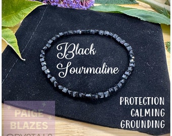 Crystal Healing Stones Black Tourmaline Hand Crafter 4mm Cubed Bracelet