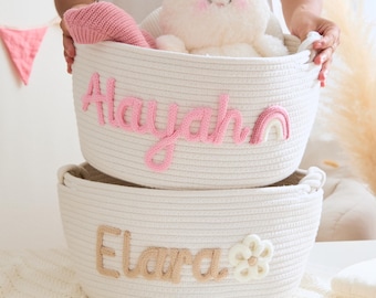 Cesta de cuerda para guardería con nombre personalizado: almacenamiento de juguetes personalizado para la decoración de la habitación de bebé niña o niño, cesta de regalo personalizada para bebé, regalo para recién nacido